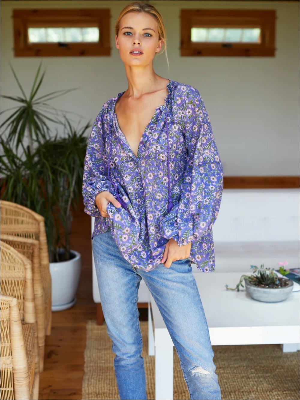 Emerson Fry Bardot 3/4 Button Front Oversized Top Iris Wildflower Organic Cotton
